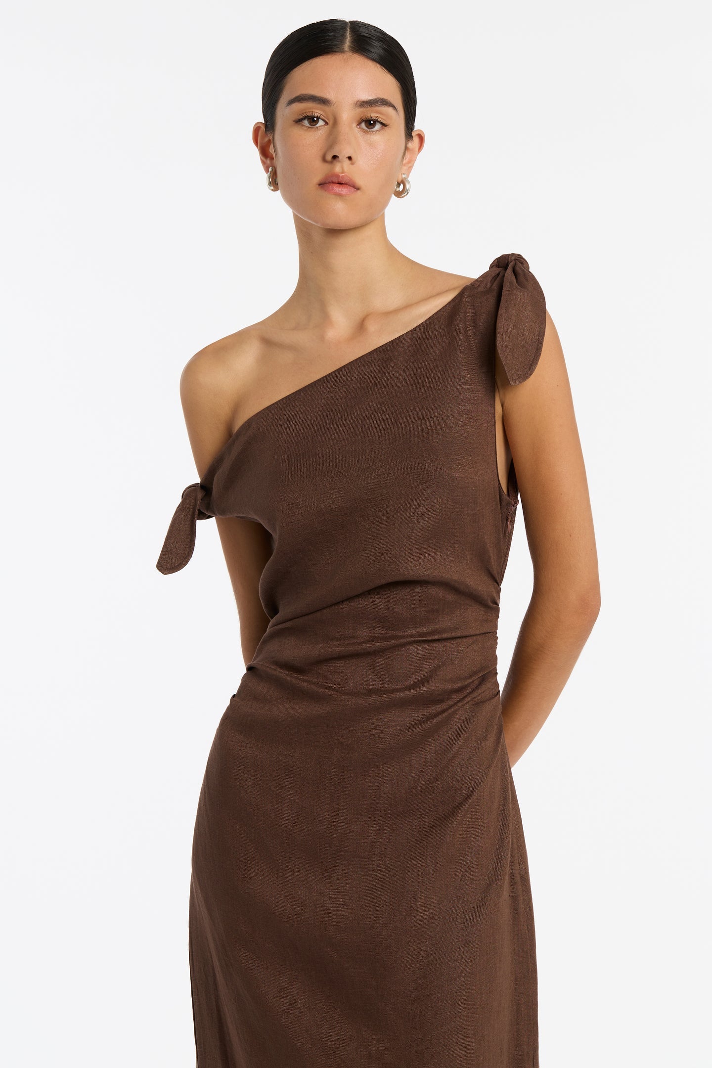 SIR the Label Bettina off Shoulder Dress in Chocolate