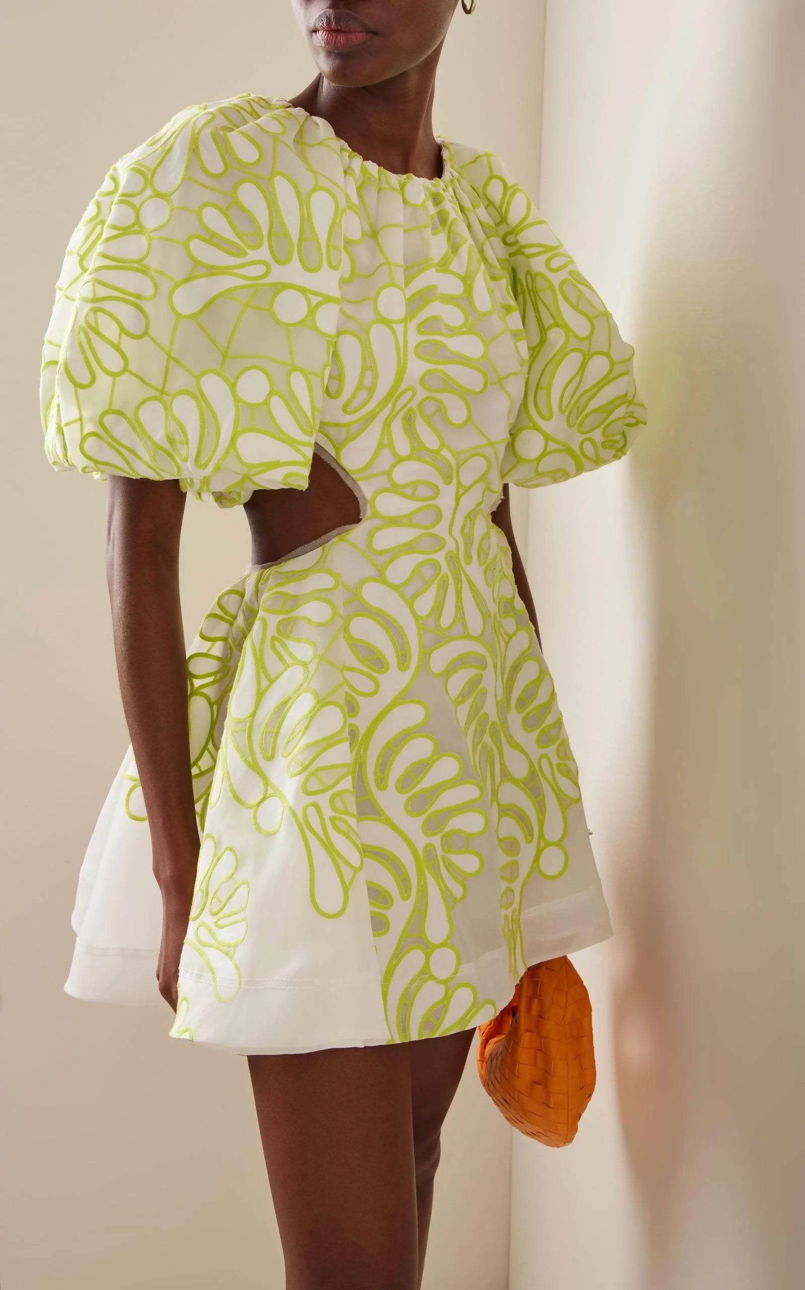 aje-yellow-Botanical-Appliqued-Mini-Dress