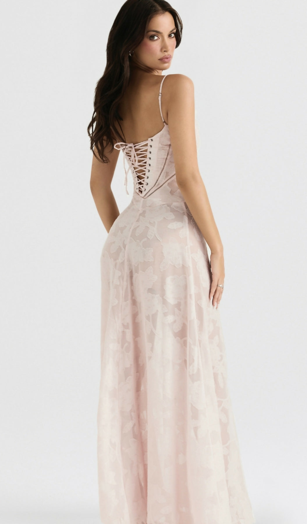 House Of Cb Seren Soft Pink Floral Lace Back Maxi Dress